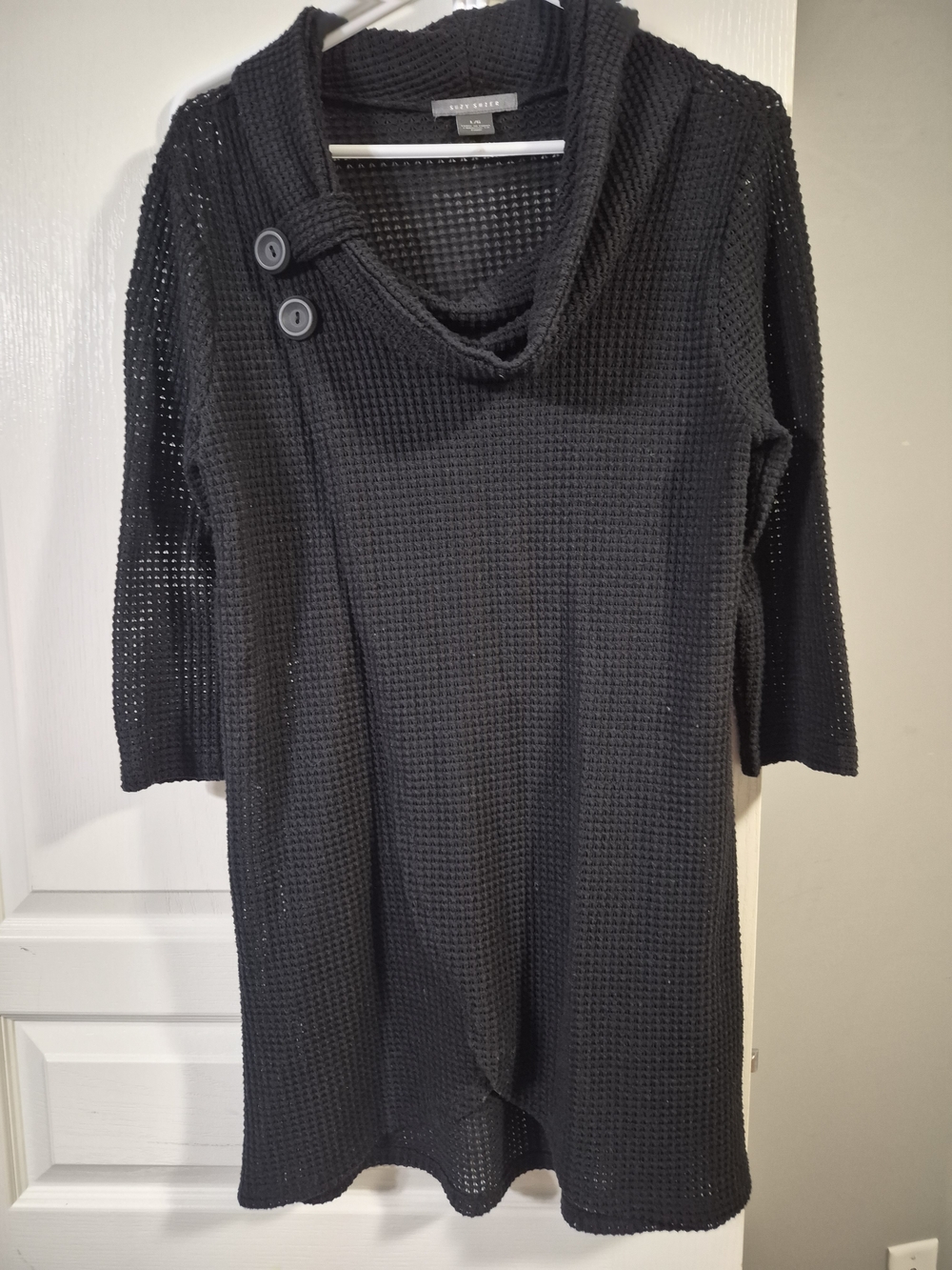 Max Studio Black Waffle Knit Cowl Neck Sweater Tunic with Button Detail